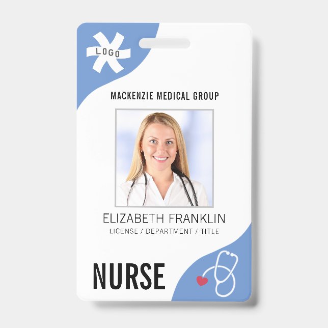 Badge Stethoscope Médicale Editable Blue NURSE (Face)