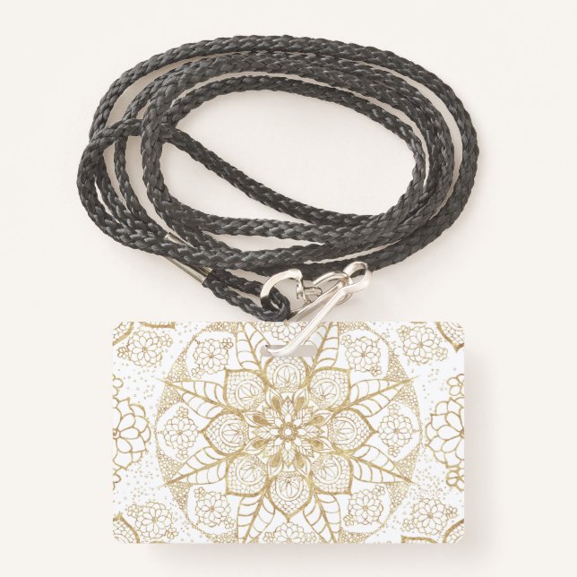 Badge Style Boho Blanc Or Mandala Floral (Devant avec lanière)