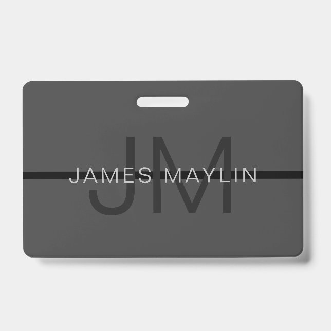 Badge Stylé Masculin Gris Foncé Nom & Monogramme  (Avant)