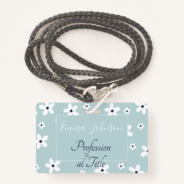Badge Summer Boho Blue White Daisy Flowers (Devant avec lanière)