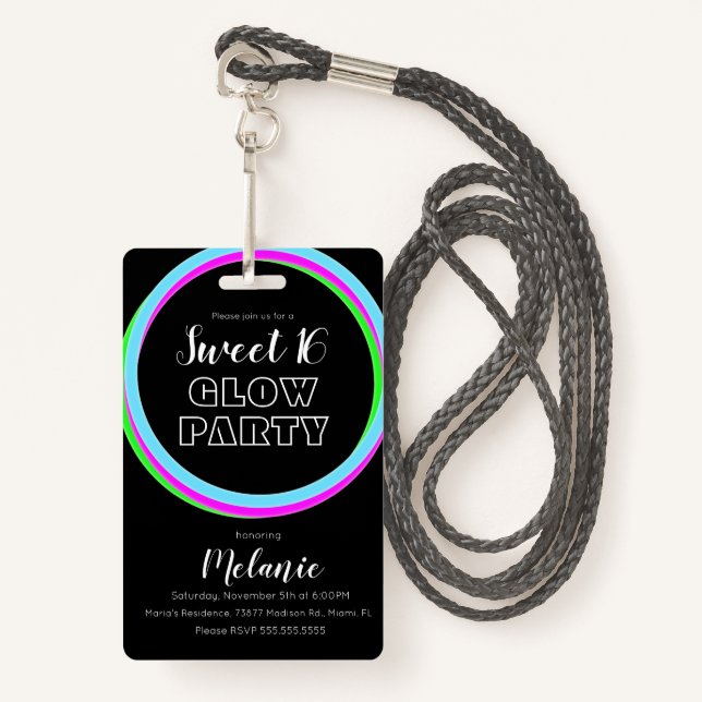 Badge Sweet 16 Neon Party Glow Birthday Pass ID (Devant avec lanière)