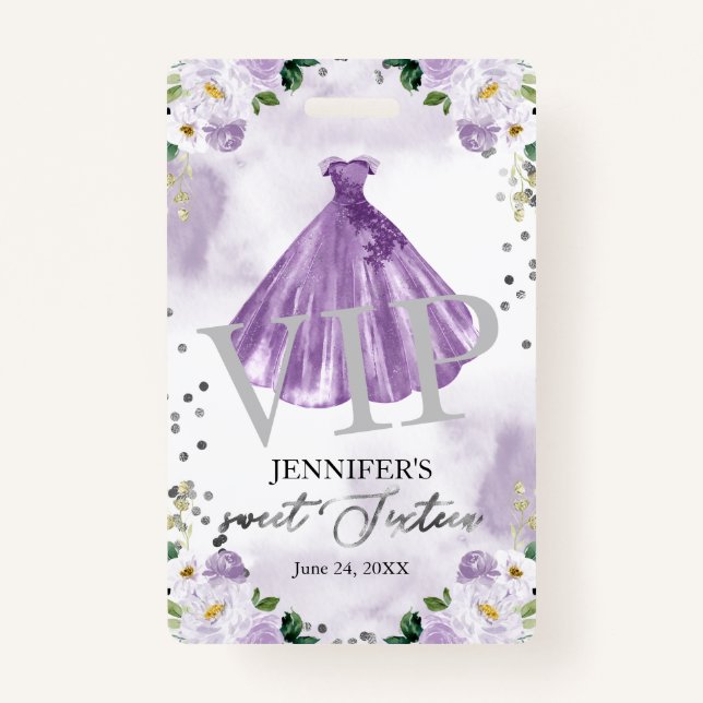 Badge Sweet 16 Robe Florale violette 16 VIP Anniversaire (Devant)