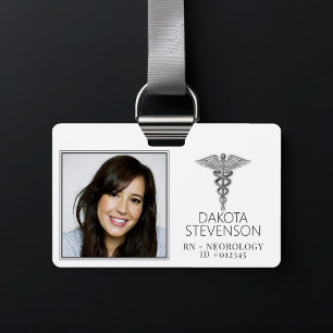 Badge Symbole du caducée Photo ID médicale argentée de