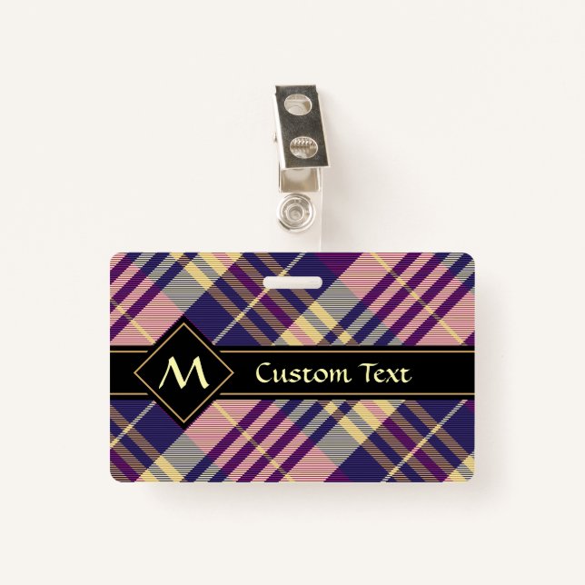 Badge Tartan mauve, or et bleu (Devant avec clip)