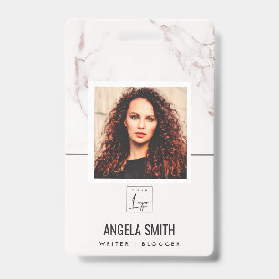 BADGE TEXTE DE MARBRE ROSE BLANC CODE-BARRES PHOTO EMPLO