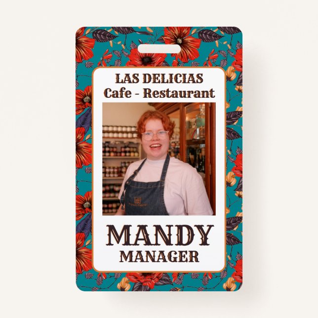 Badge Turquoise et rouge Floral Local Café Restaurant (Devant)