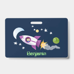 Badge Un adorable vaisseau-fusée dans l'espace dessin an