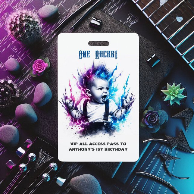Badge Un an avec One Rocks ! Pass VIP de star du rock (One Rocks! Rock Star VIP Pass 1st Birthday Badge)