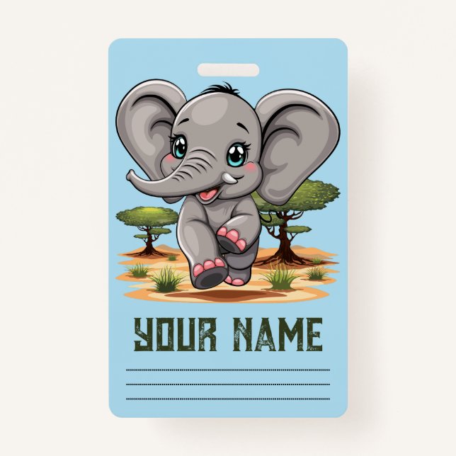 Badge Un bébé éléphant qui sonne heureux dans la savane  (Devant)