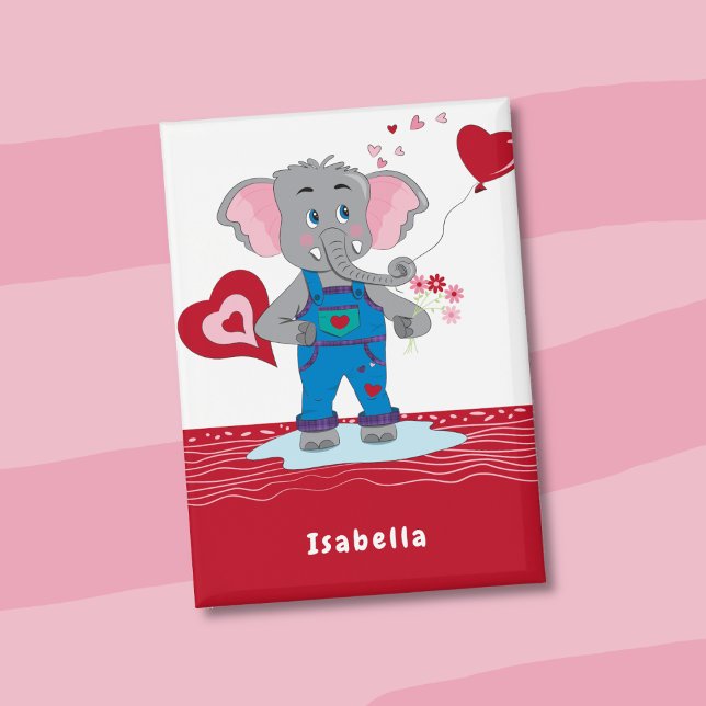 Badge Valentine's Day Elephant Red and White Kid Button (Valentine's Day red and white kid rectangular button with a cartoon elephant carrying flowers . )