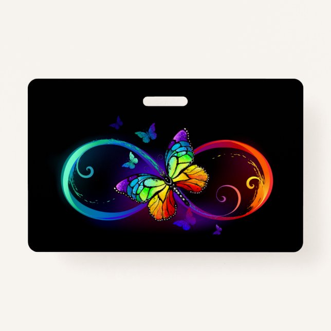 Badge Vibrant infinity with rainbow butterfly on black (Devant)