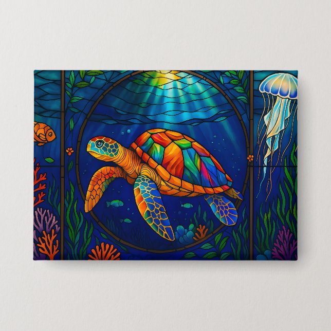 Badge Vibrant Stained Glass Sea Turtle Ocean Design (Recto)