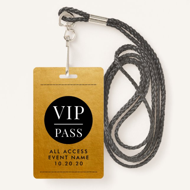 Badge VIP All Access Event Gold Metallic Foil Gold Black (Devant avec lanière)