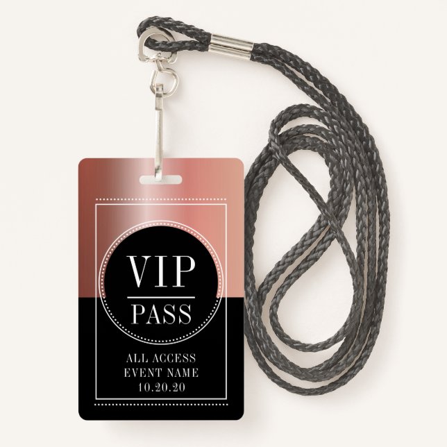 Badge VIP All Access Event Rose métallique Gold Black (Devant avec lanière)