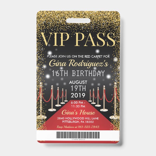 Badge VIP Pass Hollywood Tapis rouge Invitation d'annive (Front)