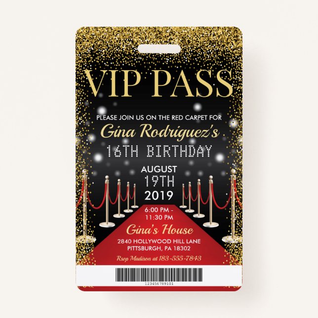 Badge VIP Pass Hollywood Tapis rouge Invitation d'annive (Devant)