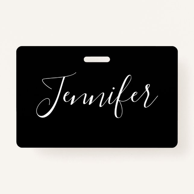 Badge Votre nom | Élégant script blanc sur noir (Devant)