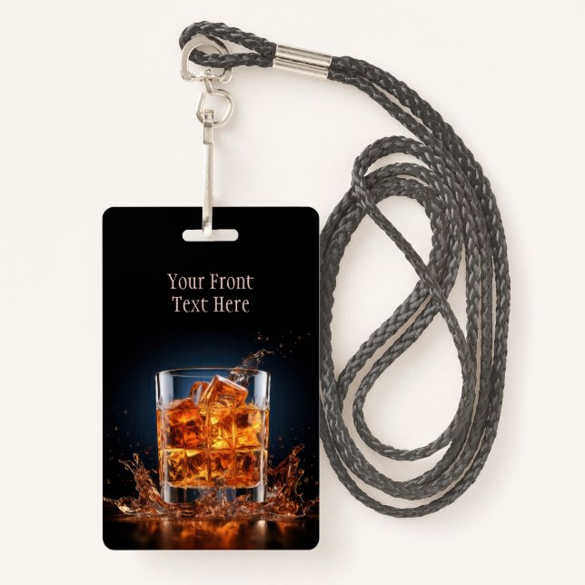 Badge Whiskey Texte Personnalisé Sur Les Rochers (Devant avec lanière)