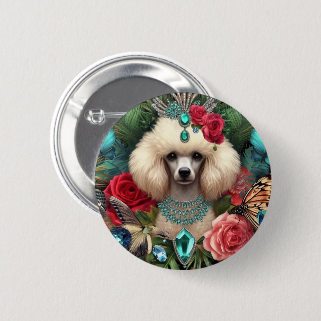 Badge White Poodle Art 2 Inch Round Button (Front & Back)