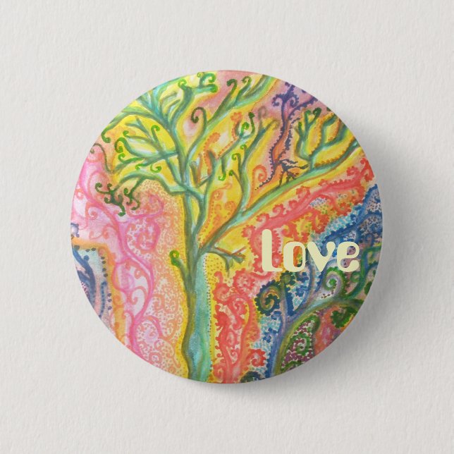 Badge with Colourful Tree Design and "Love" 2 Inch Round Button (Front)
