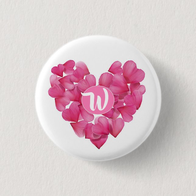 Badge with monogram rose petals heart. 1 inch round button (Front)