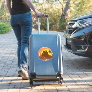Badge with tropical volcano scenery and palm trees