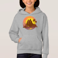 Badge with tropical volcano scenery and palm trees