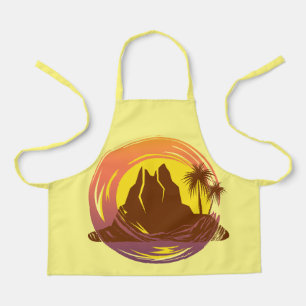 Badge with tropical volcano scenery and palm trees apron