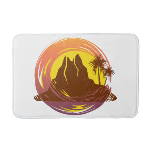 Badge with tropical volcano scenery and palm trees bath mat