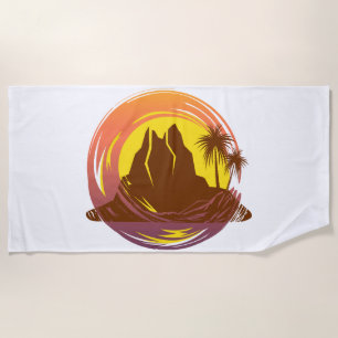 Badge with tropical volcano scenery and palm trees beach towel