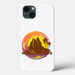 Badge with tropical volcano scenery and palm trees iPhone 13 case