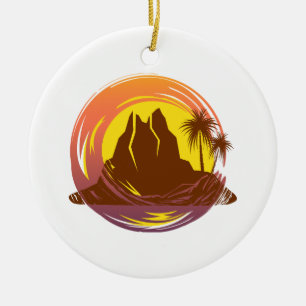 Badge with tropical volcano scenery and palm trees ceramic ornament