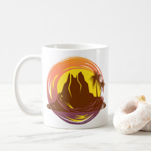 Badge with tropical volcano scenery and palm trees coffee mug