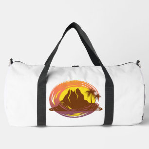 Badge with tropical volcano scenery and palm trees duffle bag