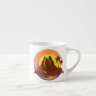 Badge with tropical volcano scenery and palm trees espresso cup