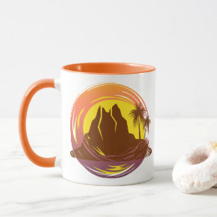 Badge with tropical volcano scenery and palm trees mug