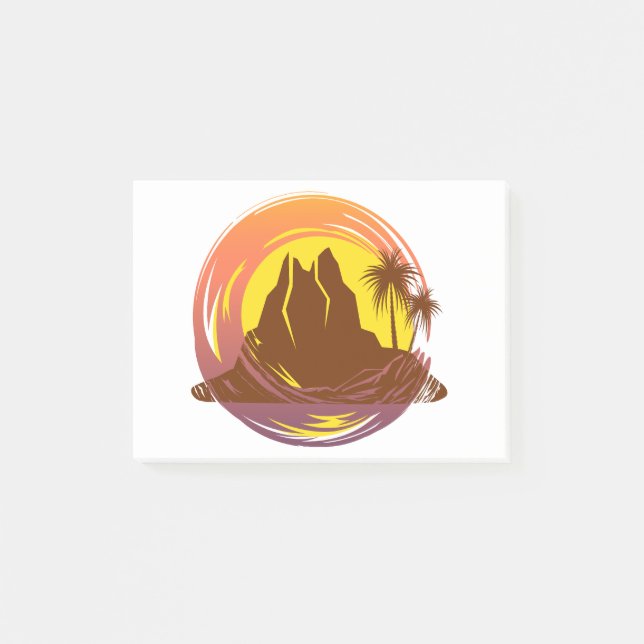 Badge with tropical volcano scenery and palm trees post-it notes (Front)