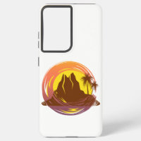 Badge with tropical volcano scenery and palm trees