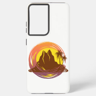 Badge with tropical volcano scenery and palm trees samsung galaxy case