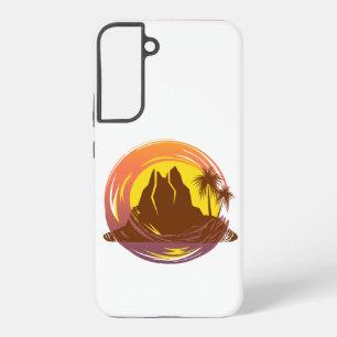 Badge with tropical volcano scenery and palm trees samsung galaxy case