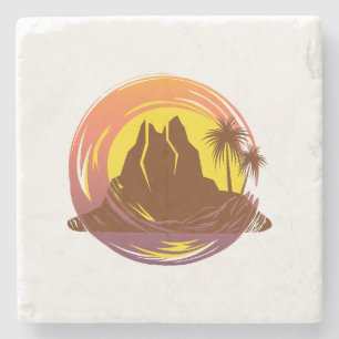 Badge with tropical volcano scenery and palm trees stone coaster