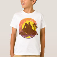Badge with tropical volcano scenery and palm trees