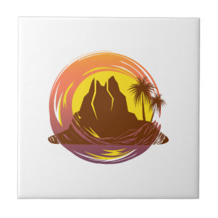 Badge with tropical volcano scenery and palm trees tile