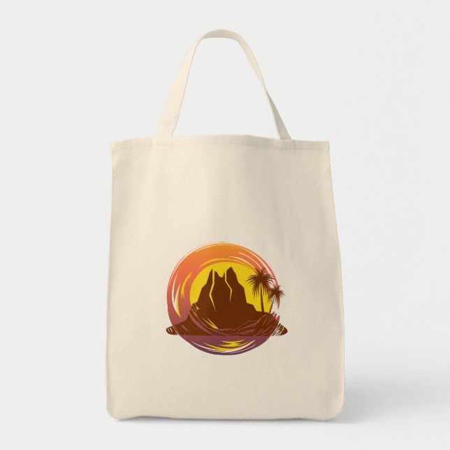 Badge with tropical volcano scenery and palm trees tote bag (Front)