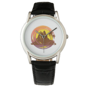 Badge with tropical volcano scenery and palm trees watch