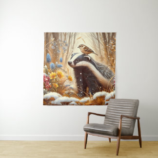 Badger and Sparrow Nature Wildlife Rustic Tapestry