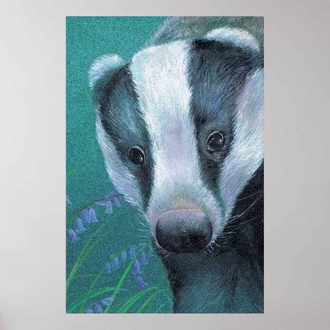 Badger in the bluebell woods art poster (Front)