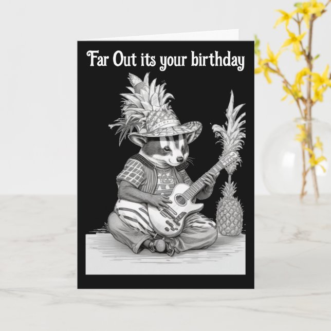 Badger playing guitar with pineapple birthday card (Yellow Flower)