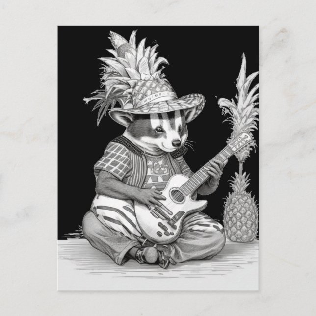 Badger playing guitar with pineapple birthday postcard (Front)
