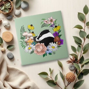 Badger Wild Flowers Mushrooms Green Tile